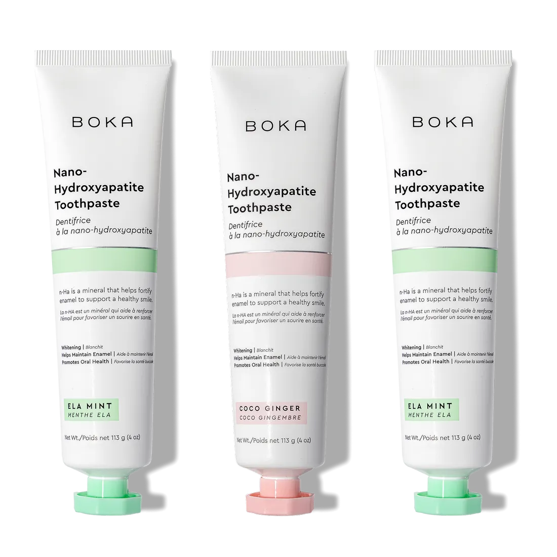 N-Ha Toothpaste 3-Pack: Advanced oral care in Ela Mint and Coco Ginger flavors.