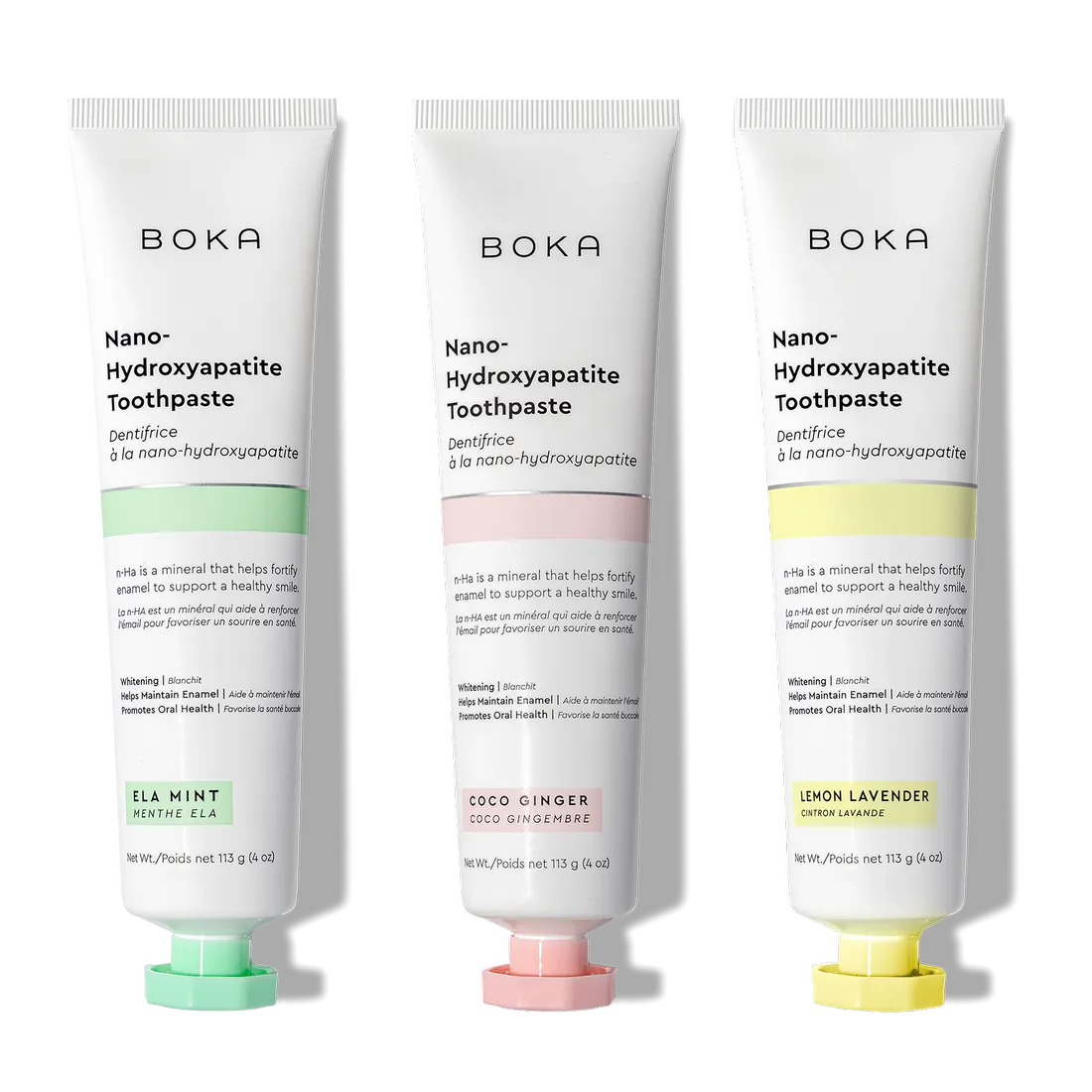 N-Ha Toothpaste 3-Pack: oral care with nano-hydroxyapatite and unique flavors in each tube.