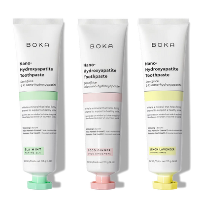 N-Ha Toothpaste 3-Pack: oral care with nano-hydroxyapatite and unique flavors in each tube.