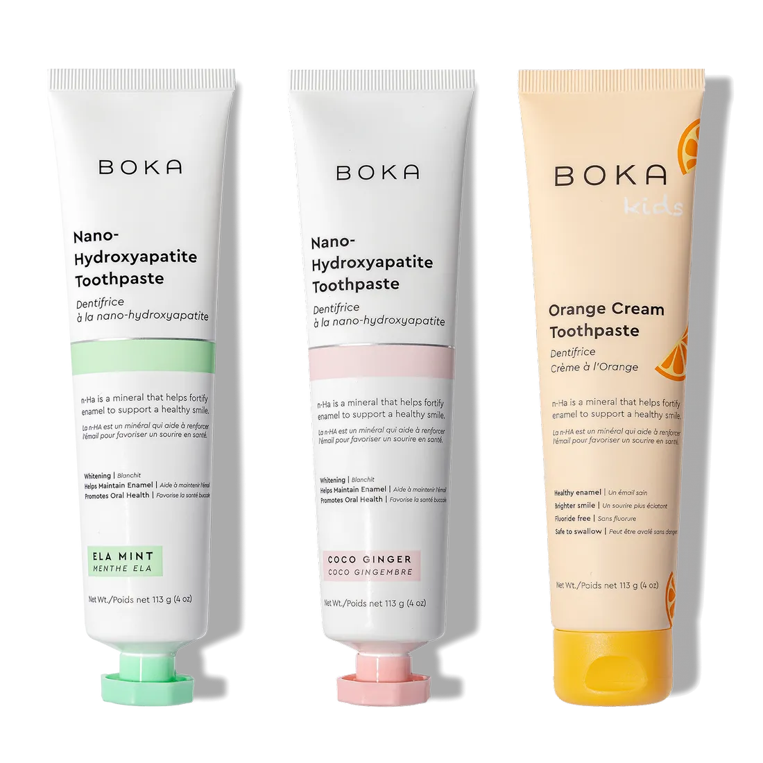 N-Ha Toothpaste 3-Pack includes Ela Mint, Coco Ginger, and Orange Cream Kids varieties.