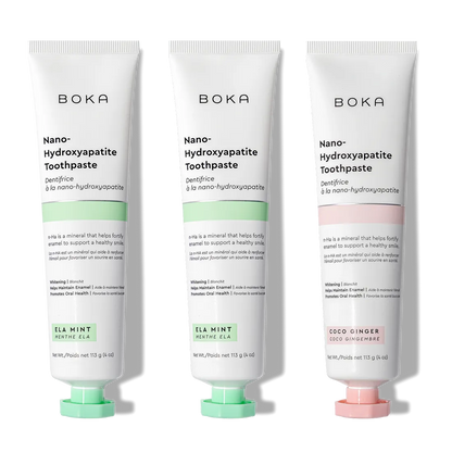N-Ha Toothpaste 3-Pack in Ela Mint and Coco Ginger, with nano-hydroxyapatite for advanced oral care.