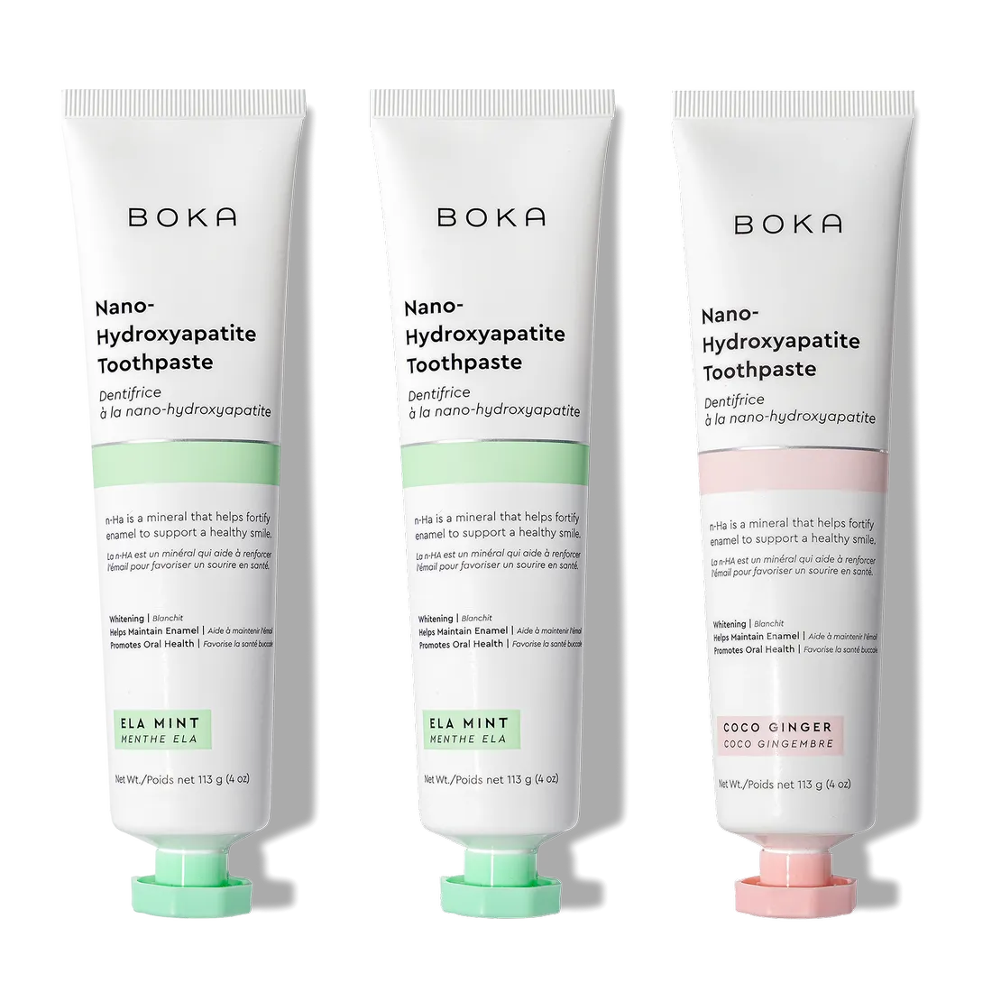 N-Ha Toothpaste 3-Pack in Ela Mint and Coco Ginger, with nano-hydroxyapatite for advanced oral care.