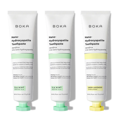 Three-pack of n-Ha Toothpaste in Ela Mint and Lemon Lavender flavors with nano-hydroxyapatite.
