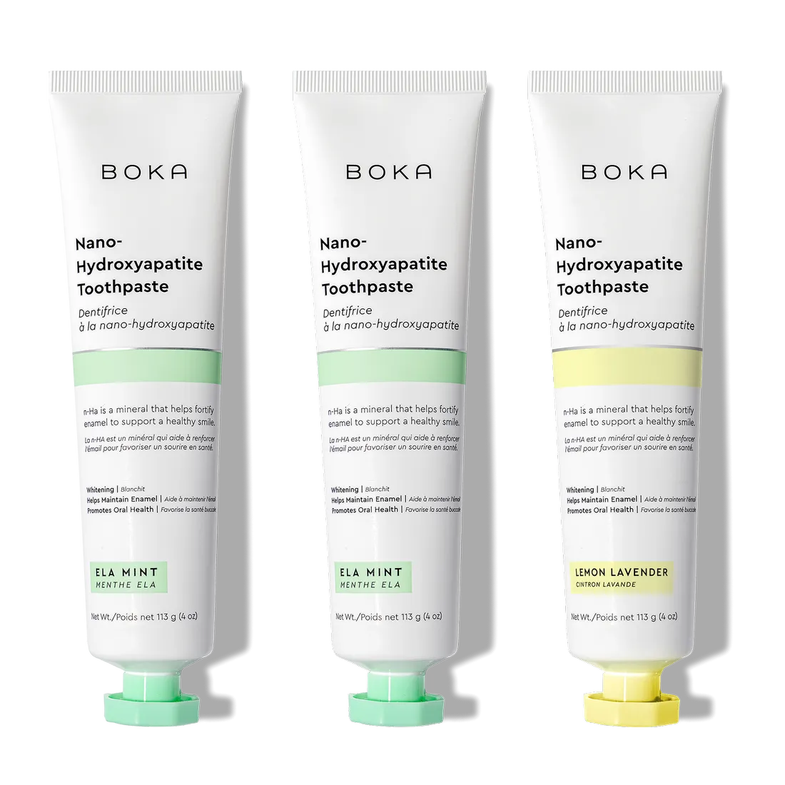 Three-pack of n-Ha Toothpaste in Ela Mint and Lemon Lavender flavors with nano-hydroxyapatite.