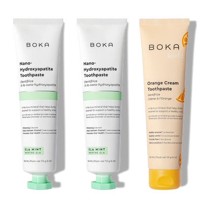 Three upright tubes of n-Ha Toothpaste 3-Pack for advanced oral care with nano-hydroxyapatite.