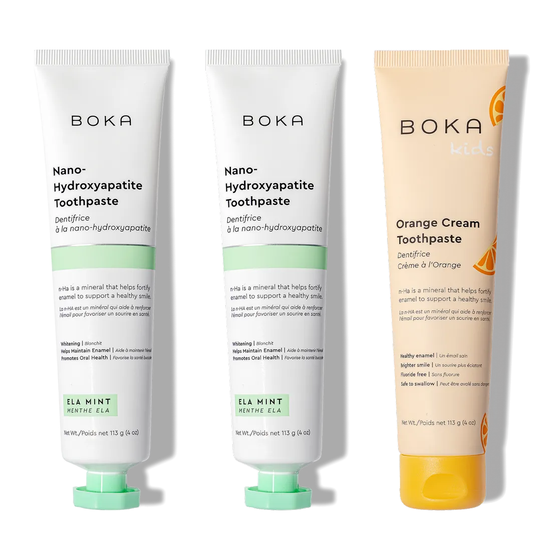 Three upright tubes of n-Ha Toothpaste 3-Pack for advanced oral care with nano-hydroxyapatite.