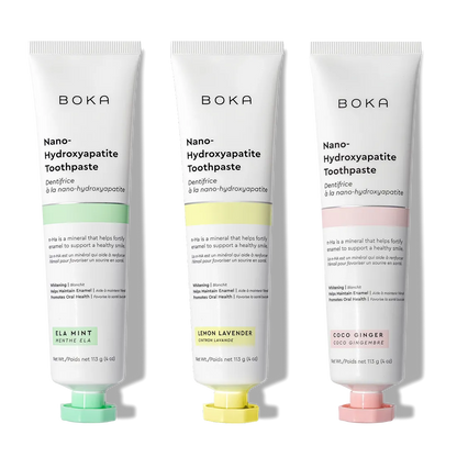 N-Ha Toothpaste 3-Pack in Ela Mint, Lemon Lavender, and Coco Ginger flavors.