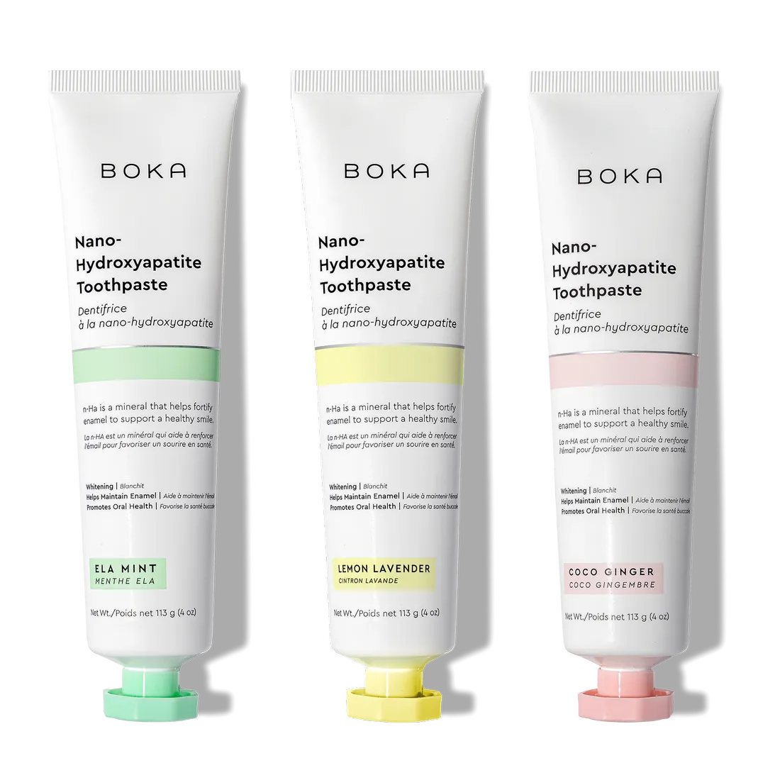 N-Ha Toothpaste 3-Pack in Ela Mint, Lemon Lavender, and Coco Ginger flavors.