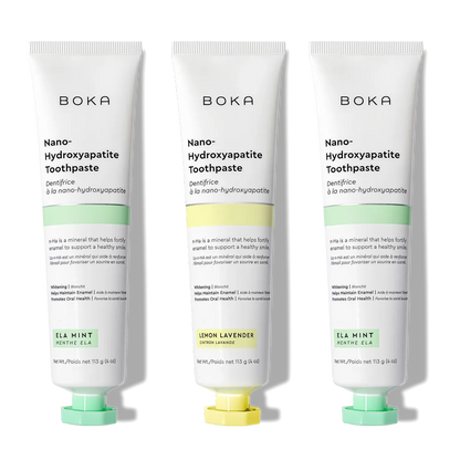 N-Ha Toothpaste 3-Pack: Ela Mint & Lemon Lavender flavors for advanced oral care.