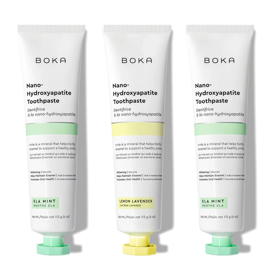 N-Ha Toothpaste 3-Pack: Ela Mint & Lemon Lavender flavors for advanced oral care.