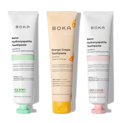 Three n-Ha Toothpaste 3-Pack tubes with nano-hydroxyapatite, standing upright.