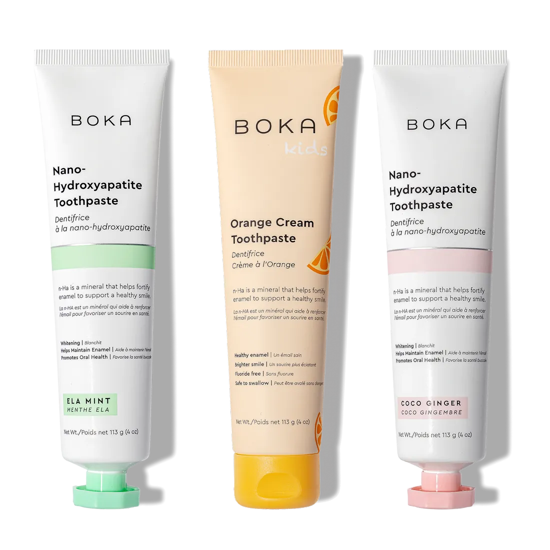 Three n-Ha Toothpaste 3-Pack tubes with nano-hydroxyapatite, standing upright.