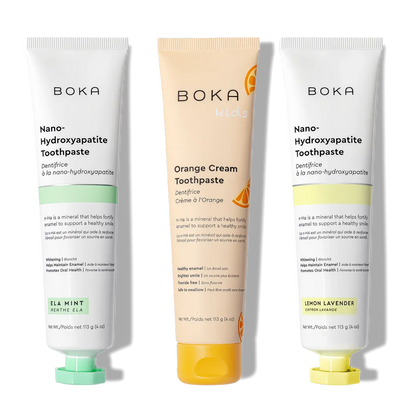 N-Ha Toothpaste 3-Pack: Ela Mint, Kids’ Orange Cream, and Lemon Lavender for oral care.