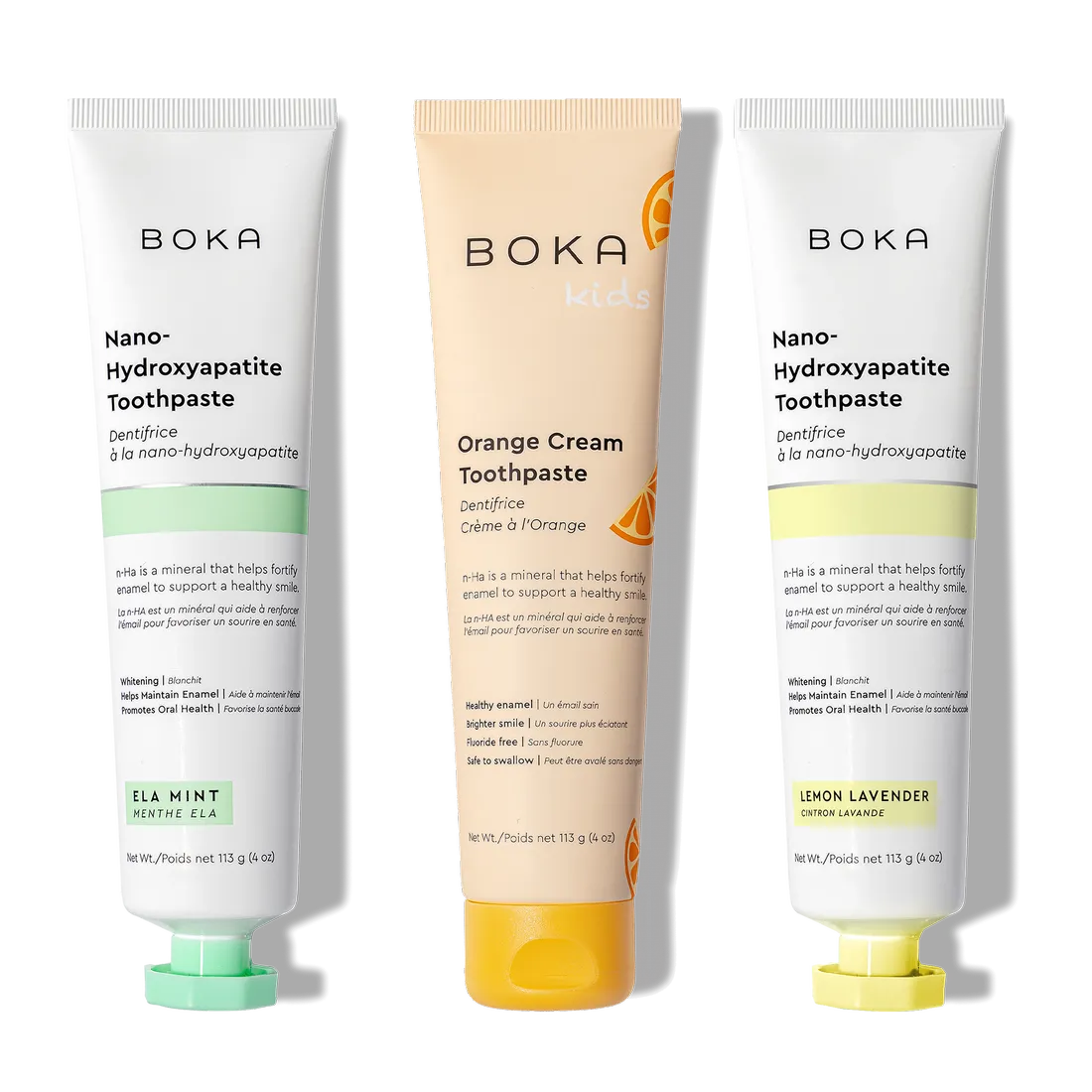 N-Ha Toothpaste 3-Pack: Ela Mint, Kids’ Orange Cream, and Lemon Lavender for oral care.