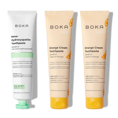 Three-pack of n-Ha Toothpaste: one Ela Mint and two Orange Cream Kids for oral care.
