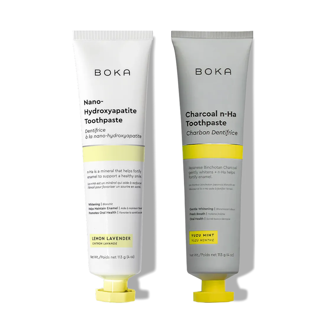 N-Ha Toothpaste 2-Pack: Charcoal & Nano-Hydroxyapatite, both to fortify enamel, with yellow caps.