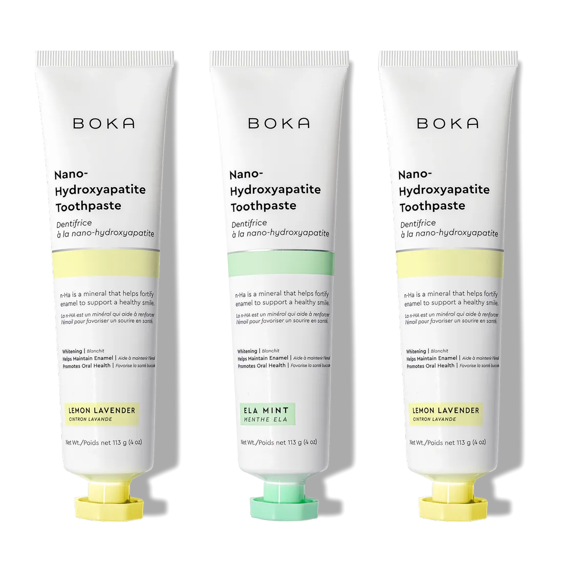 Three tubes of n-Ha Toothpaste 3-Pack for advanced oral care in two refreshing flavors.
