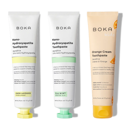 Three n-Ha Toothpaste 3-Pack tubes with nano-hydroxyapatite stand upright for gentle care.