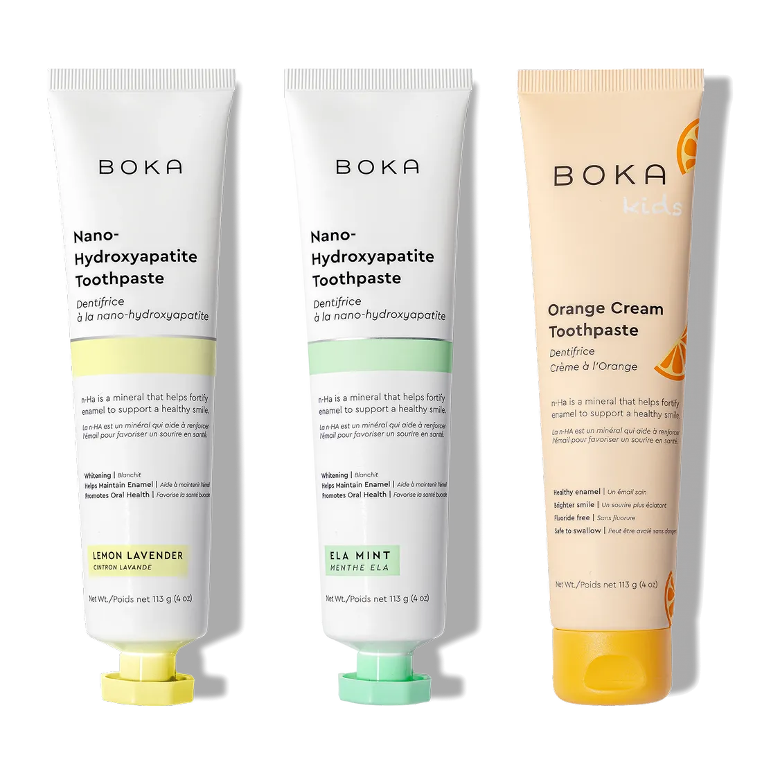 Three n-Ha Toothpaste 3-Pack tubes with nano-hydroxyapatite stand upright for gentle care.