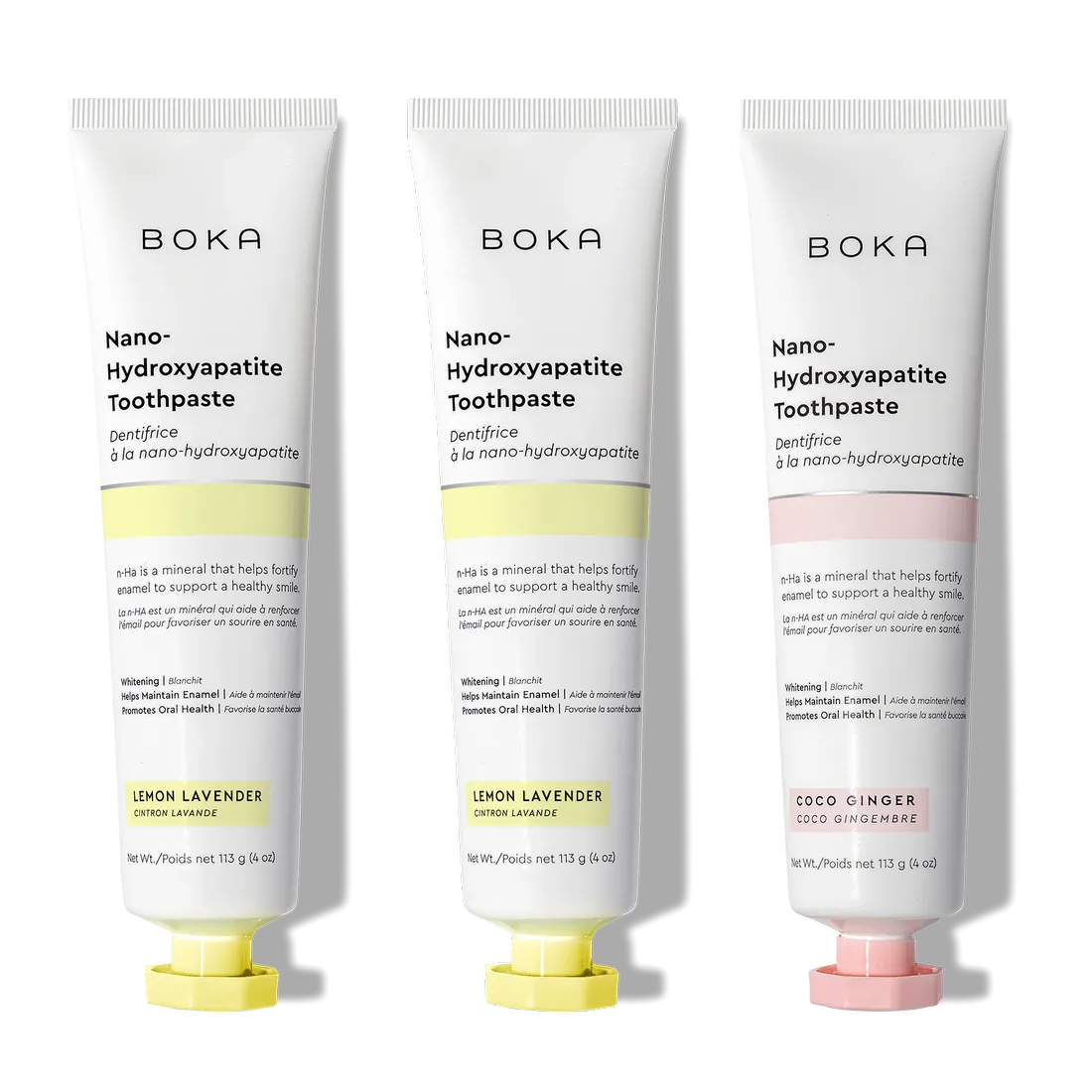 Three n-Ha Toothpaste 3-Pack tubes—nano-hydroxyapatite oral care in Lemon Lavender & Coco Ginger.