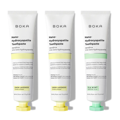 N-Ha Toothpaste 3-Pack in Lemon Lavender & Ela Mint flavors for advanced oral care.