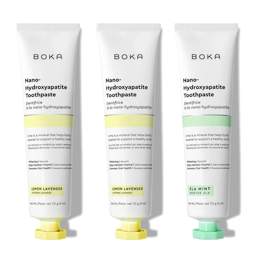 N-Ha Toothpaste 3-Pack in Lemon Lavender & Ela Mint flavors for advanced oral care.