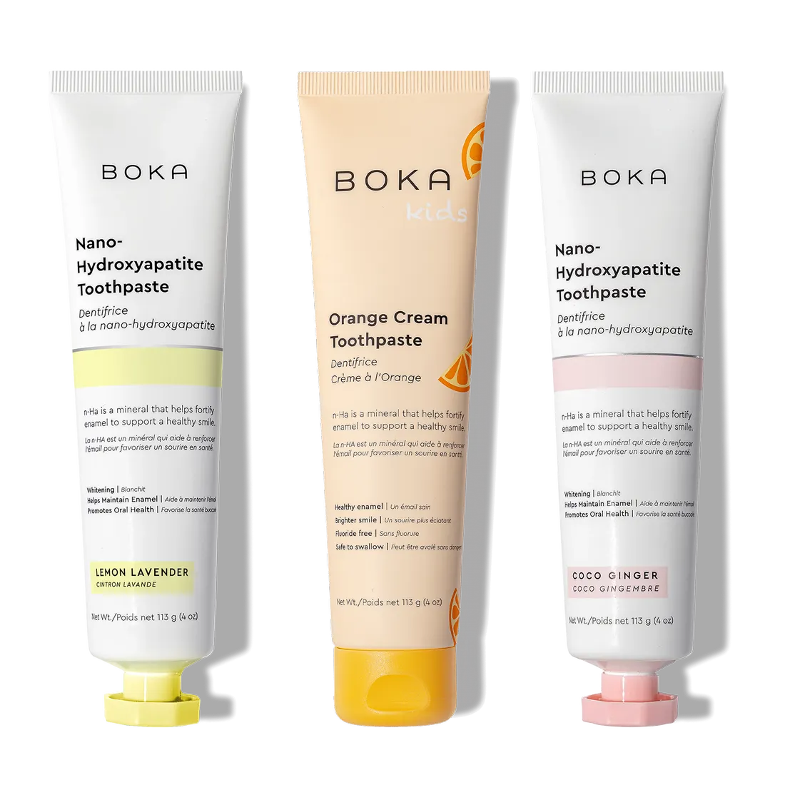 The n-Ha Toothpaste 3-Pack includes Lemon Lavender, Orange Cream (kids), and Coco Ginger flavors.