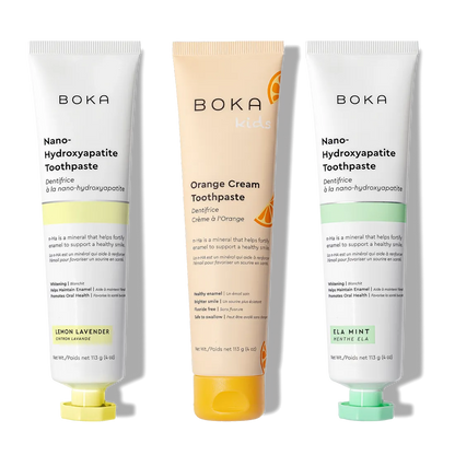 N-Ha Toothpaste 3-Pack: Lemon Lavender, Orange Cream, and Ela Mint with nano-hydroxyapatite.