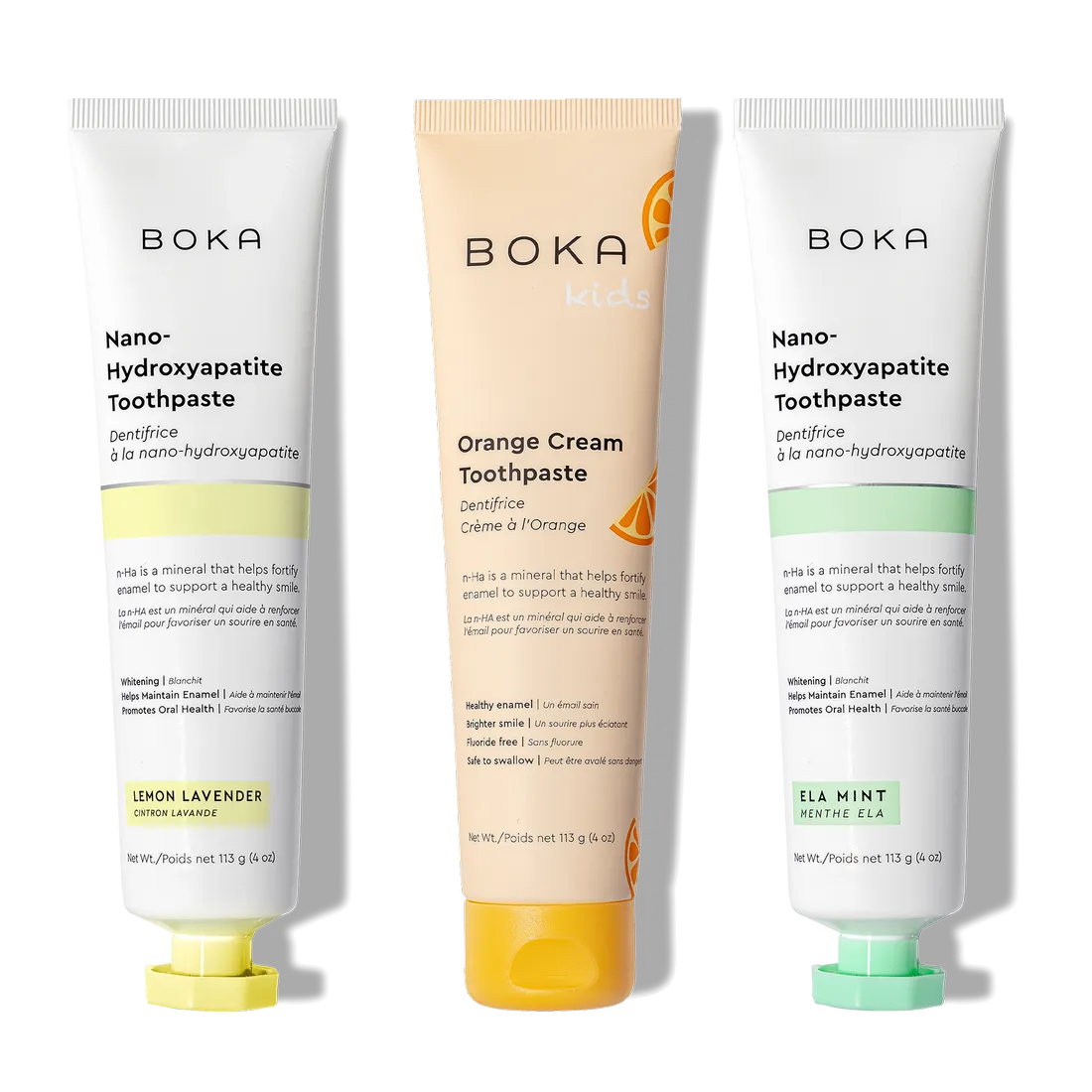 N-Ha Toothpaste 3-Pack: Lemon Lavender, Orange Cream, and Ela Mint with nano-hydroxyapatite.