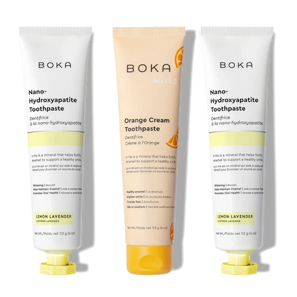 Three upright tubes of n-Ha Toothpaste 3-Pack with nano-hydroxyapatite for better oral care.