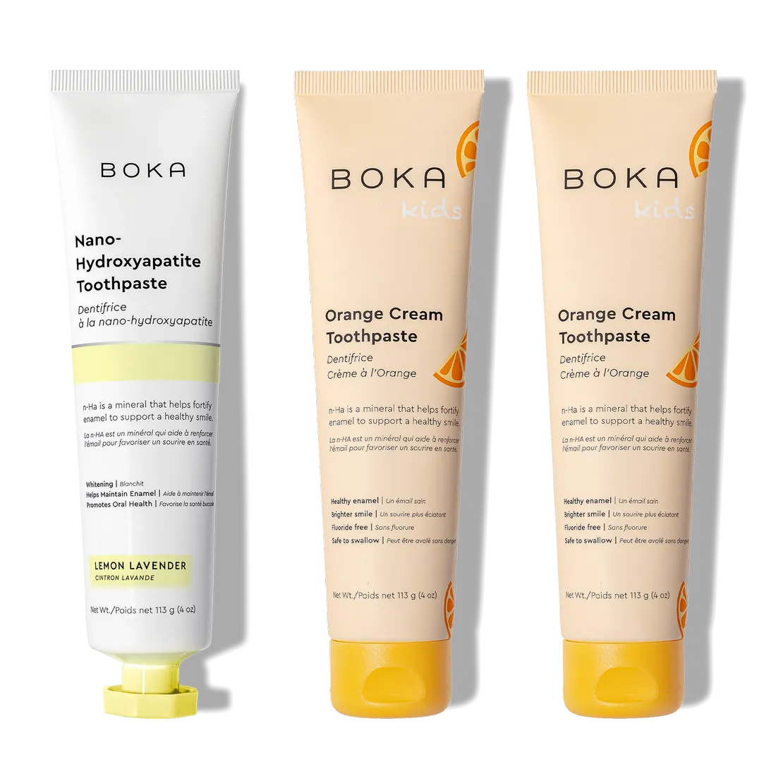 Three n-Ha Toothpaste 3-Pack tubes for oral care stand upright, side by side.