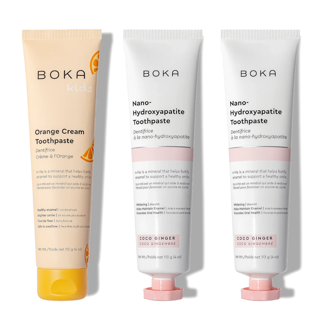 Boka n-Ha Toothpaste 3-Pack: one Orange Cream Kids, two nano-hydroxyapatite tubes.