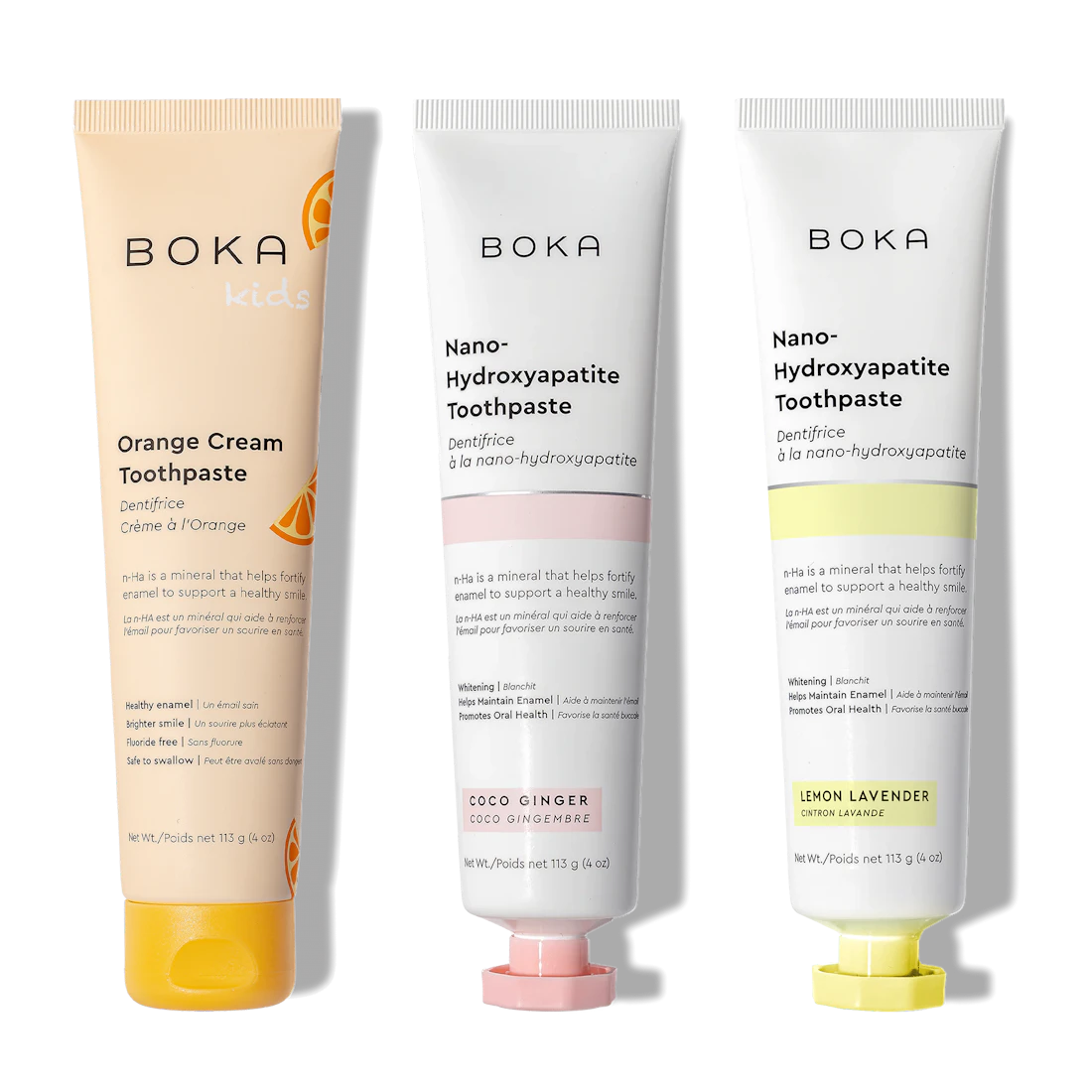 Boka n-Ha Toothpaste 3-Pack: kids’ orange, coco ginger, and lemon lavender flavors.