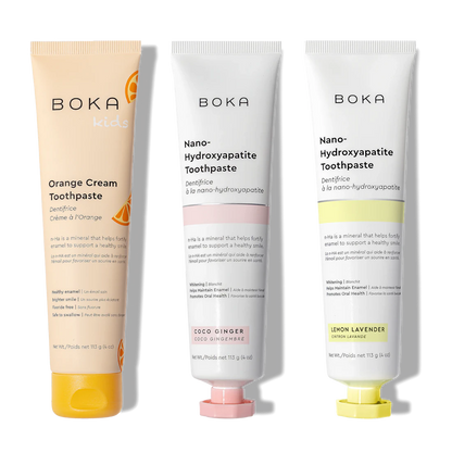 Boka n-Ha Toothpaste 3-Pack: kids’ orange, coco ginger, and lemon lavender flavors.