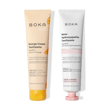 N-Ha Toothpaste 2-Pack: Orange Cream for kids and Coco Ginger to help remineralize adult teeth.
