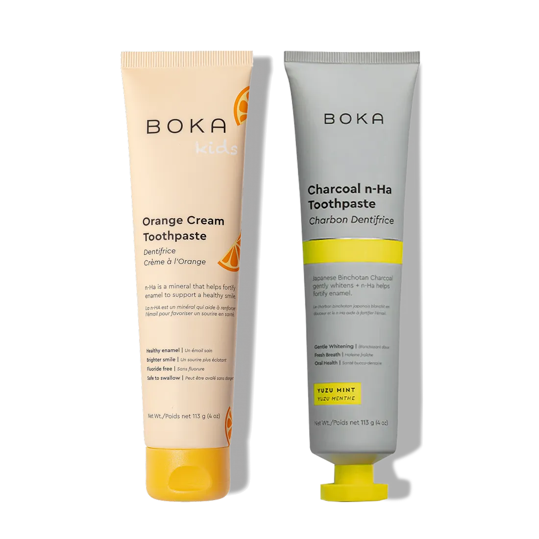 N-Ha Toothpaste 2-Pack: Kids’ Orange Cream & Adults’ Charcoal Yuzu Mint for enamel support.