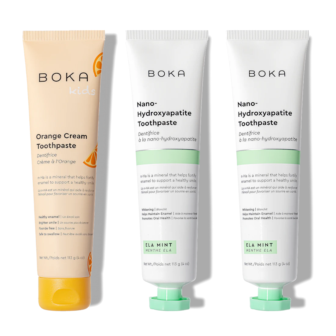 Three-pack: Boka n-Ha Toothpaste—one Orange Cream Kids, two nano-hydroxyapatite for adults.