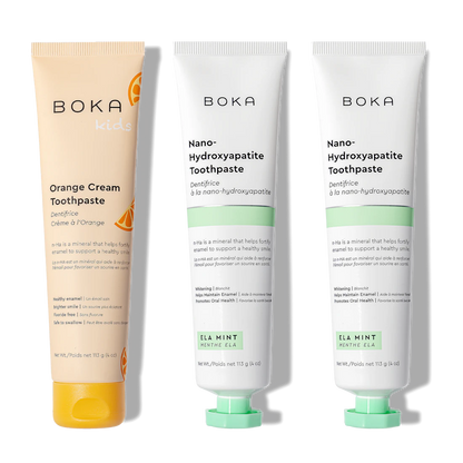 Three-pack: Boka n-Ha Toothpaste—one Orange Cream Kids, two nano-hydroxyapatite for adults.