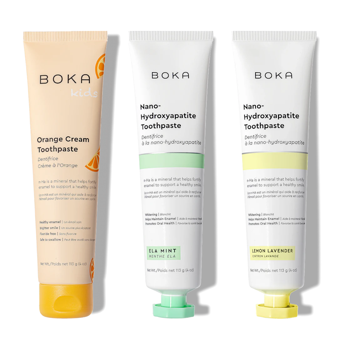 N-Ha Toothpaste 3-Pack: Orange Cream, Ela Mint, and Lemon Lavender with nano-hydroxyapatite.