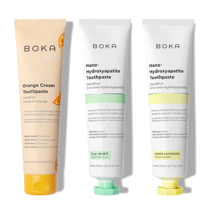 N-Ha Toothpaste 3-Pack: Orange Cream, Ela Mint, and Lemon Lavender with nano-hydroxyapatite.