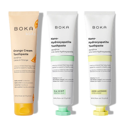 N-Ha Toothpaste Family 3 Pack: kid-friendly flavors with nano-hydroxyapatite for healthy brushing.