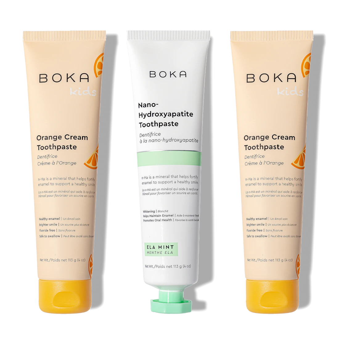 Boka n-Ha Toothpaste 3-Pack: 2 Orange Cream for kids, 1 Ela Mint nano-hydroxyapatite.