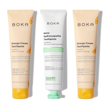Boka n-Ha Toothpaste 3-Pack: 2 Orange Cream for kids, 1 Ela Mint nano-hydroxyapatite.