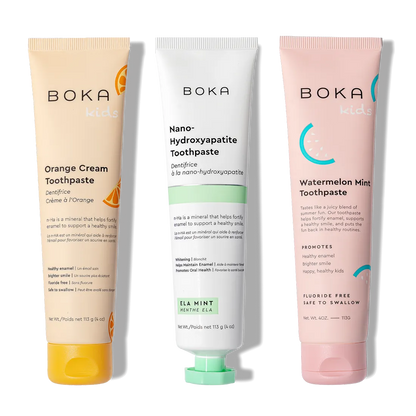 N-Ha Toothpaste Family 3 Pack: Orange Cream, Ela Mint & Watermelon Mint for healthy brushing habits.