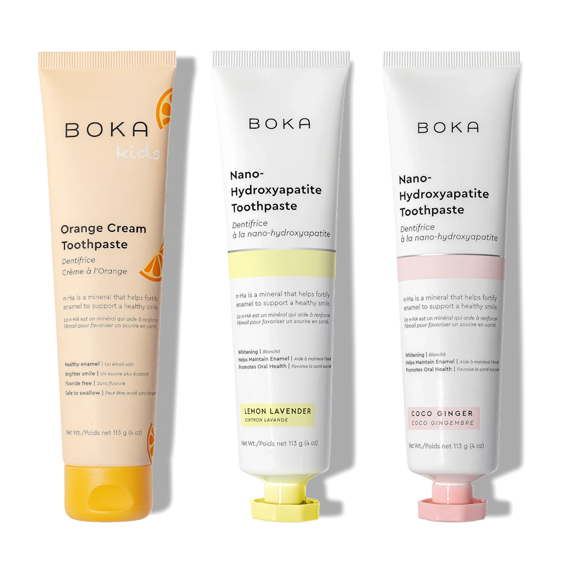N-Ha Toothpaste 3-Pack: advanced oral care in Orange Cream, Lemon Lavender, and Coco Ginger flavors.