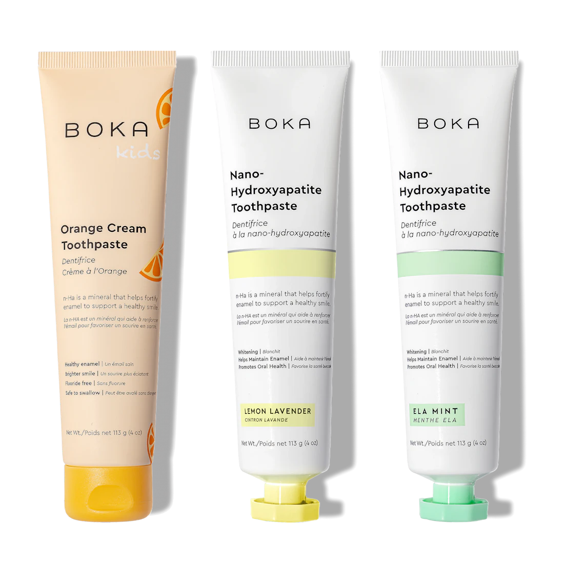N-Ha Toothpaste 3-Pack: Advanced oral care in Orange Cream, Lemon Lavender, and Ela Mint flavors.