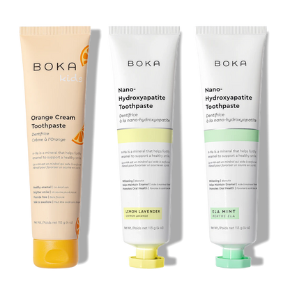 N-Ha Toothpaste 3-Pack: Advanced oral care in Orange Cream, Lemon Lavender, and Ela Mint flavors.