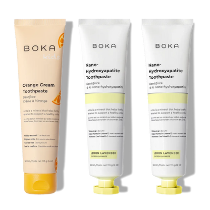 N-Ha Toothpaste Family 3 Pack: kid-approved Lemon Lavender & Orange Cream for healthy brushing.