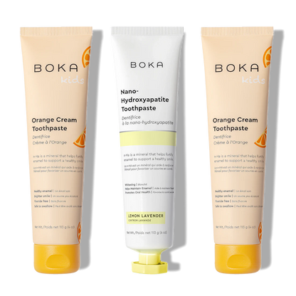 N-Ha Toothpaste 3-Pack: 2 Orange Cream tubes and 1 Lemon Lavender tube in the center.
