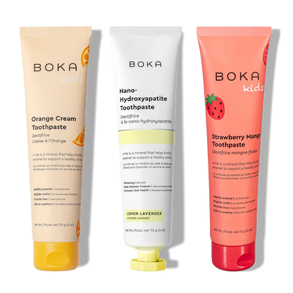 N-Ha Toothpaste Family 3 Pack: kid-friendly flavors with nano-hydroxyapatite for healthy brushing.